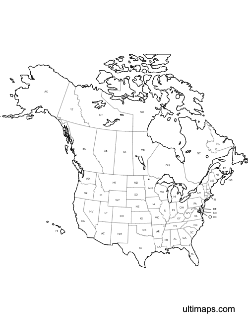 Preview of Labeled United States and Canada Map (Letter)