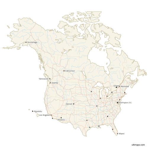 Map of the United States and Canada with Cities and Roads