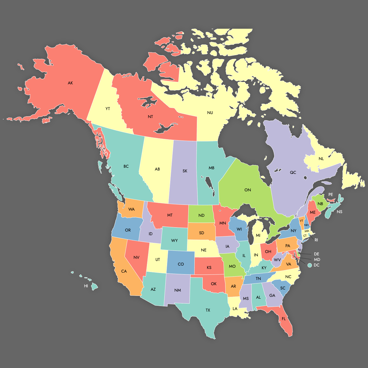 Custom United States and Canada Map with Labels (Dark Theme)