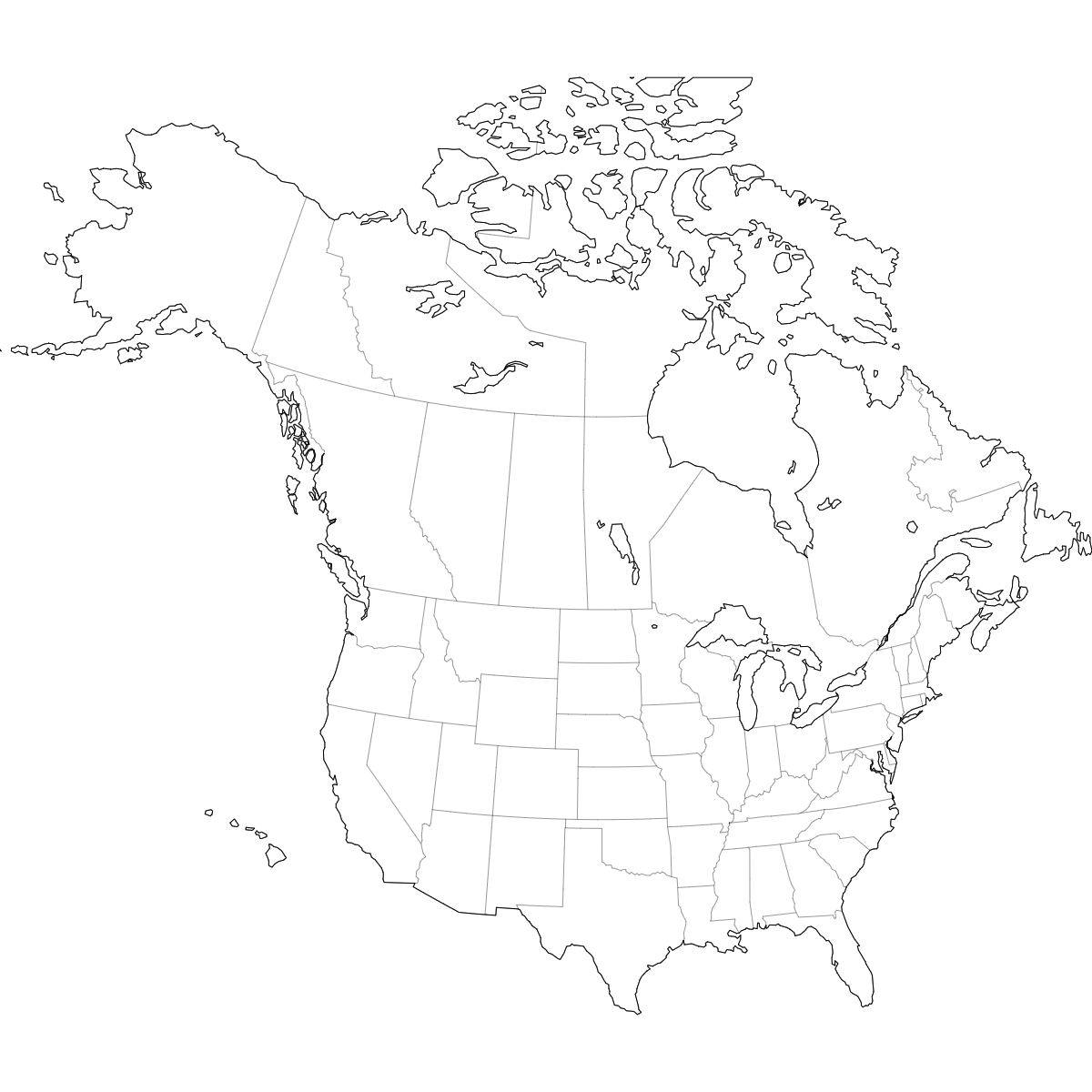 Blank outline map of United States and Canada showing state/province borders