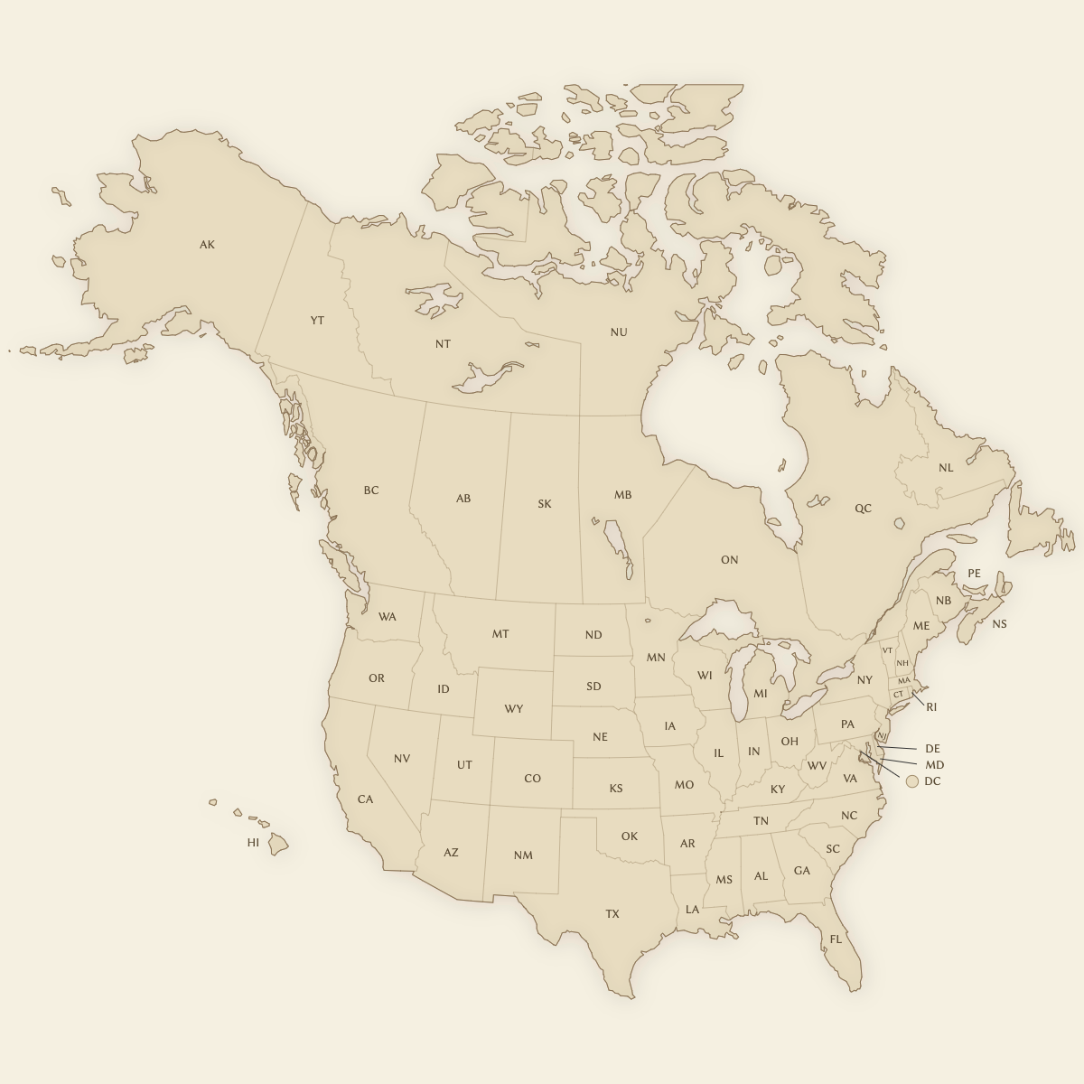 Styled United States and Canada Map (Vintage Theme)