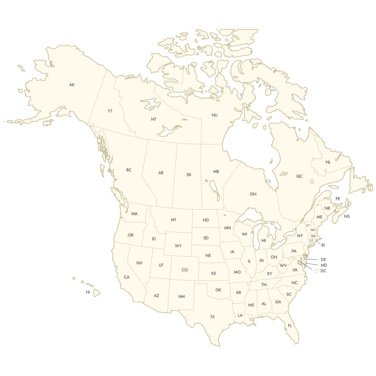 Unstyled United States and Canada Map With Labels