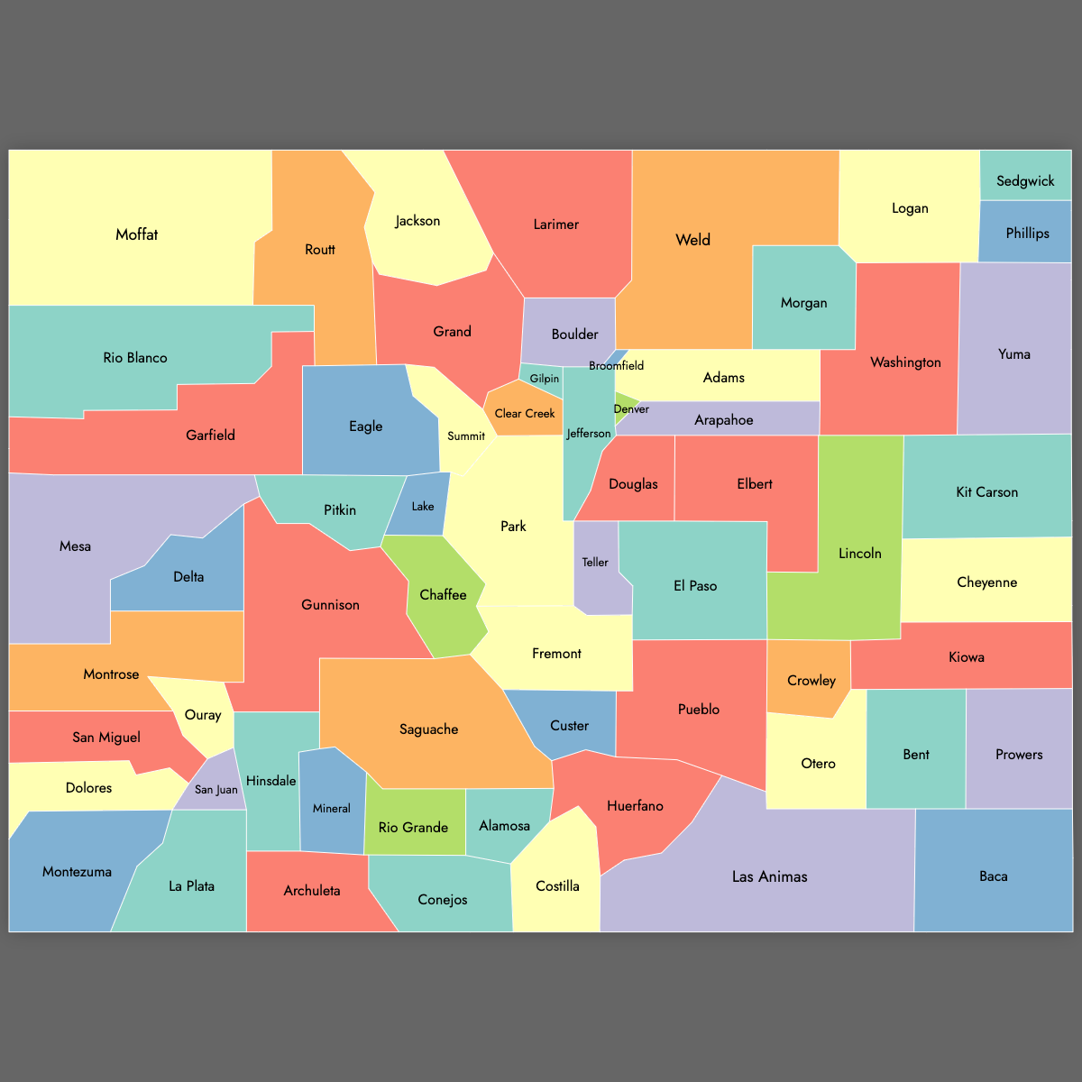 Custom Map of Colorado Counties with Labels (Dark Theme)