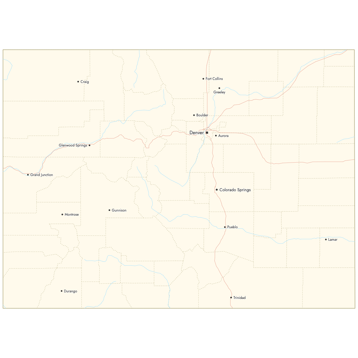 Custom Map of Colorado Counties with Cities