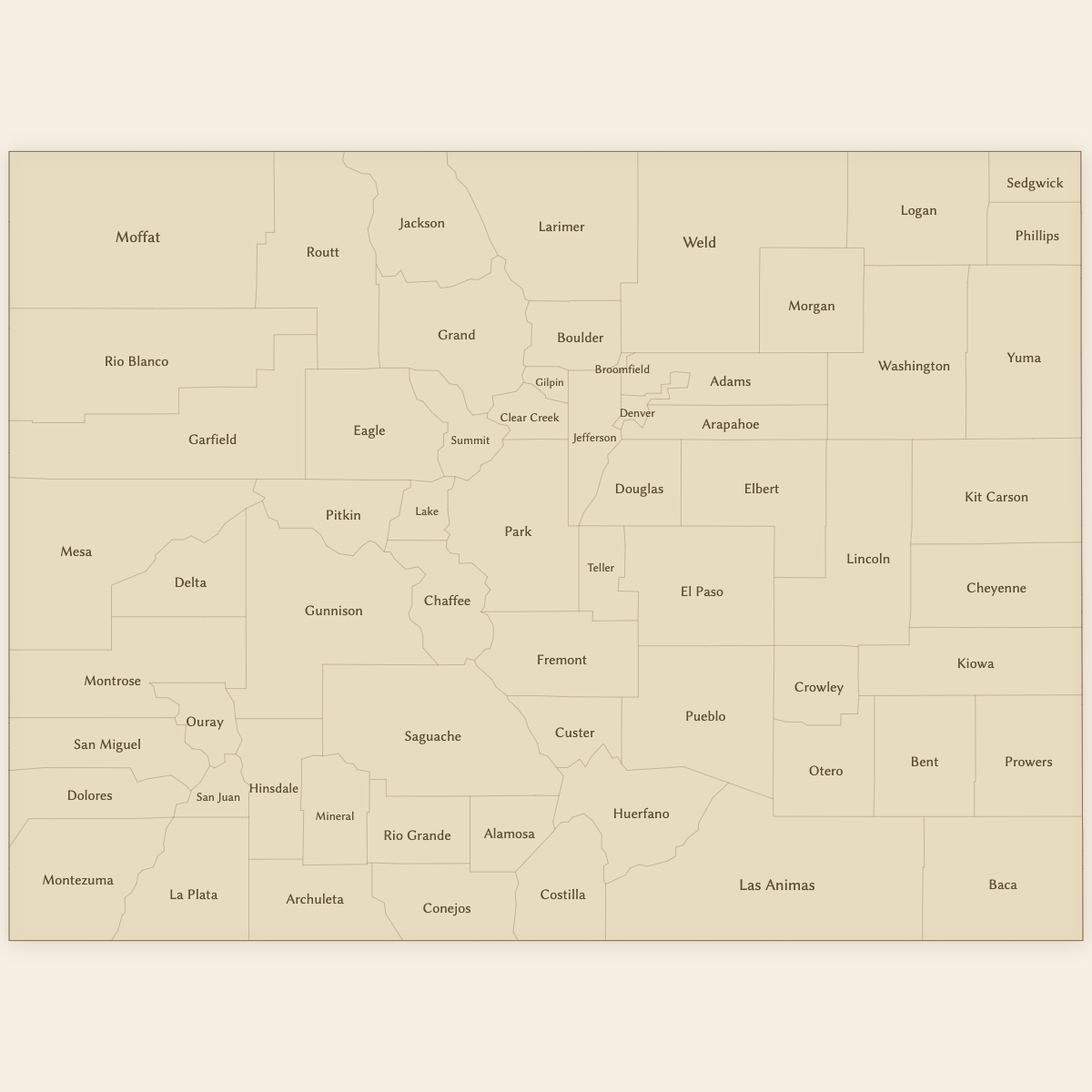 Styled Map of Colorado Counties (Vintage Theme)