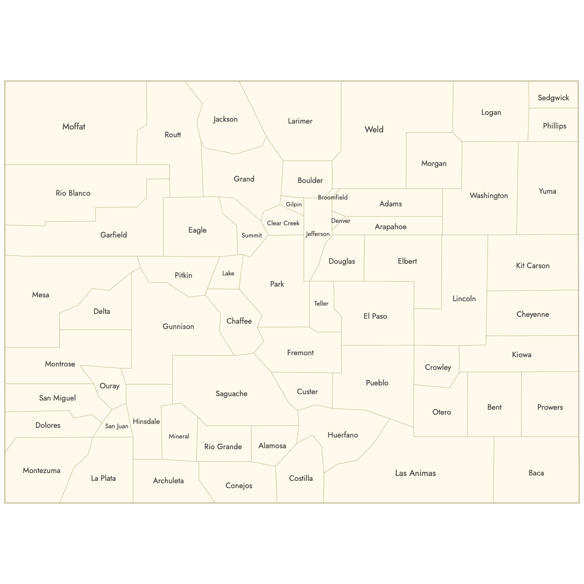 Unstyled Map of Colorado Counties With Labels