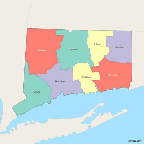 Preview of Colored Map of Connecticut Counties with Surrounding Areas