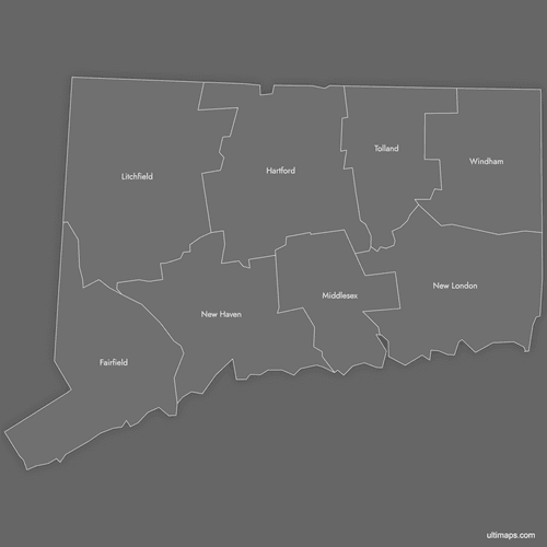 Preview of Labeled Map of Connecticut Counties (Dark)