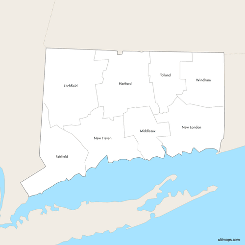 Preview of Labeled Map of Connecticut Counties with Surrounding Areas