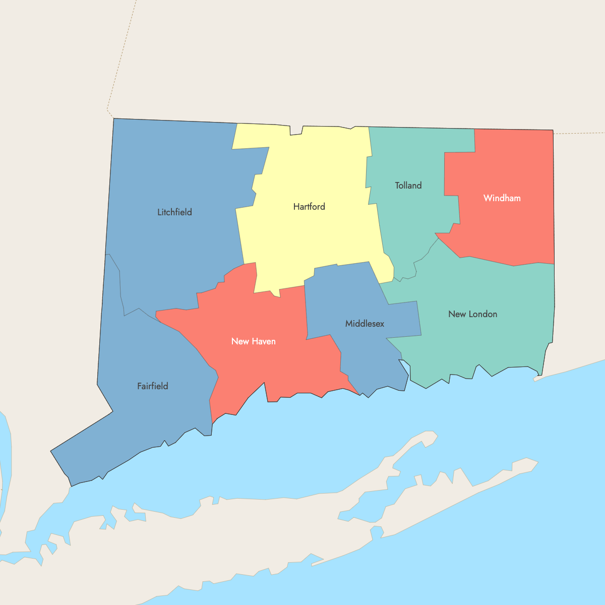 Map of Connecticut Counties with surrounding areas