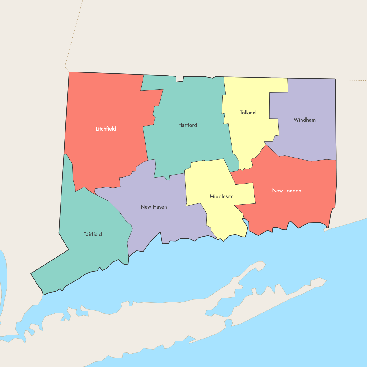 Custom Map of Connecticut Counties with Surrounding Areas