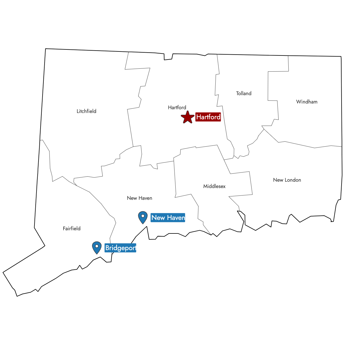 Map of Connecticut Counties with Pins