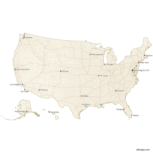 Map of the United States Counties with Cities and Roads
