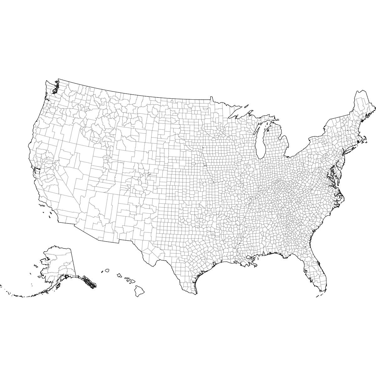 Blank outline map of the United States showing county borders