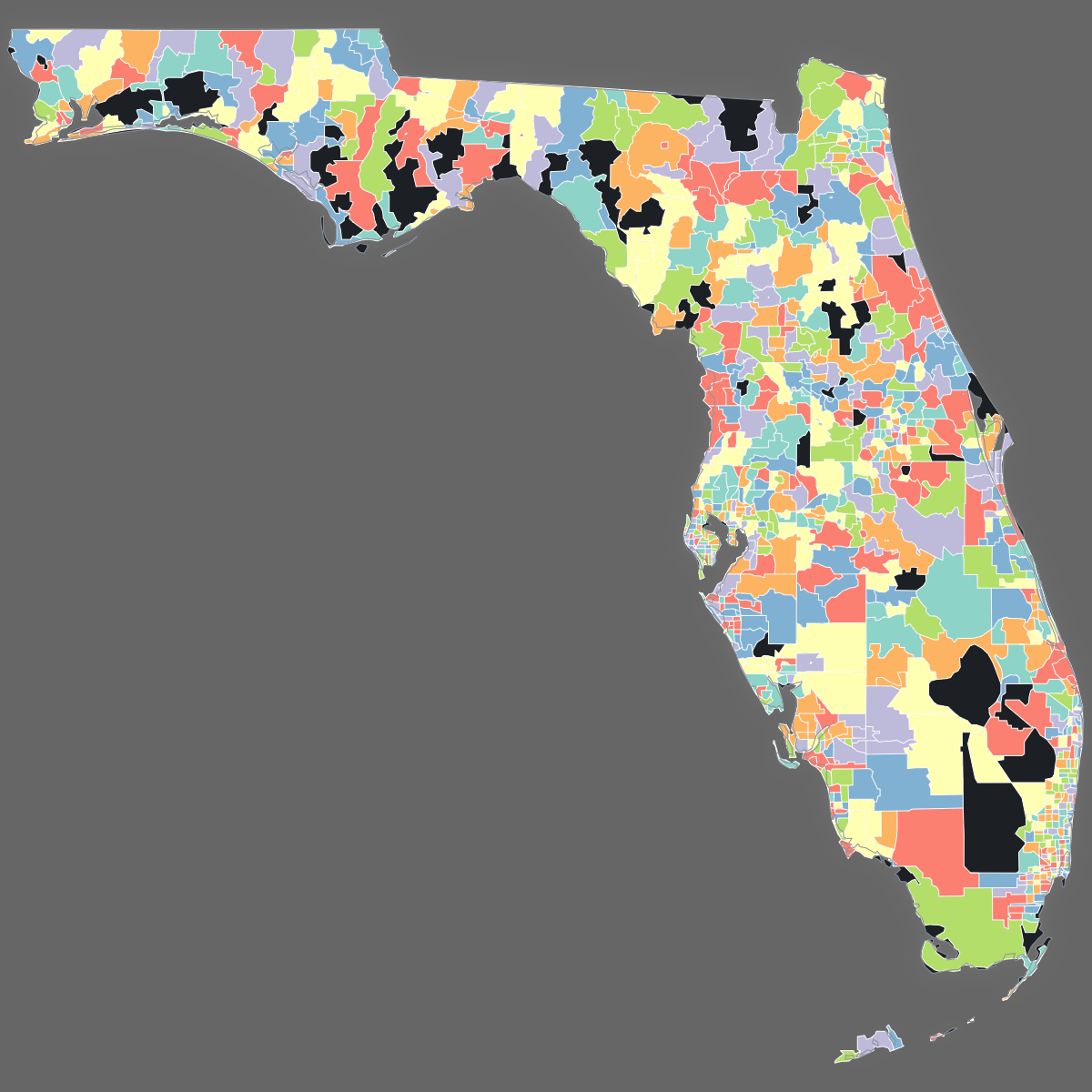 Dark themed map of Florida with ZIP Codes