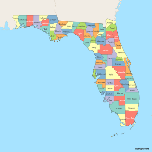 Preview of Colored Map of Florida Counties with Surrounding Areas