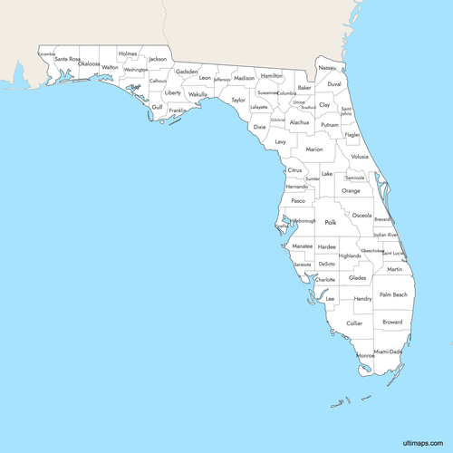 Preview of Labeled Map of Florida Counties with Surrounding Areas
