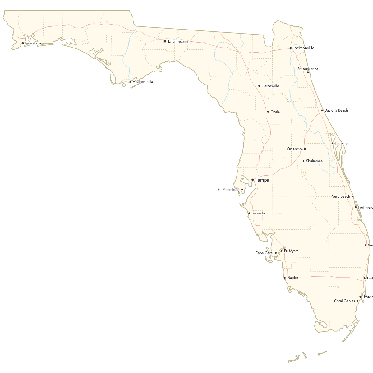 Custom Map of Florida Counties with Cities