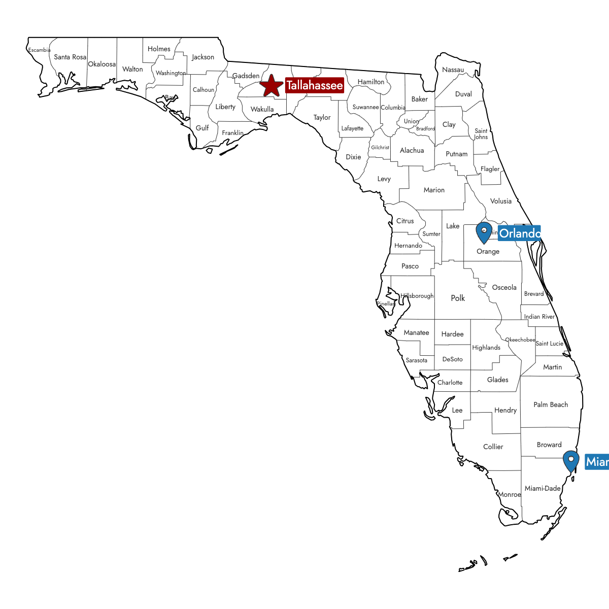 Map of Florida Counties with Pins