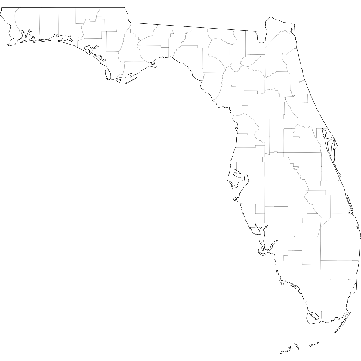 Blank outline map of Florida showing county borders
