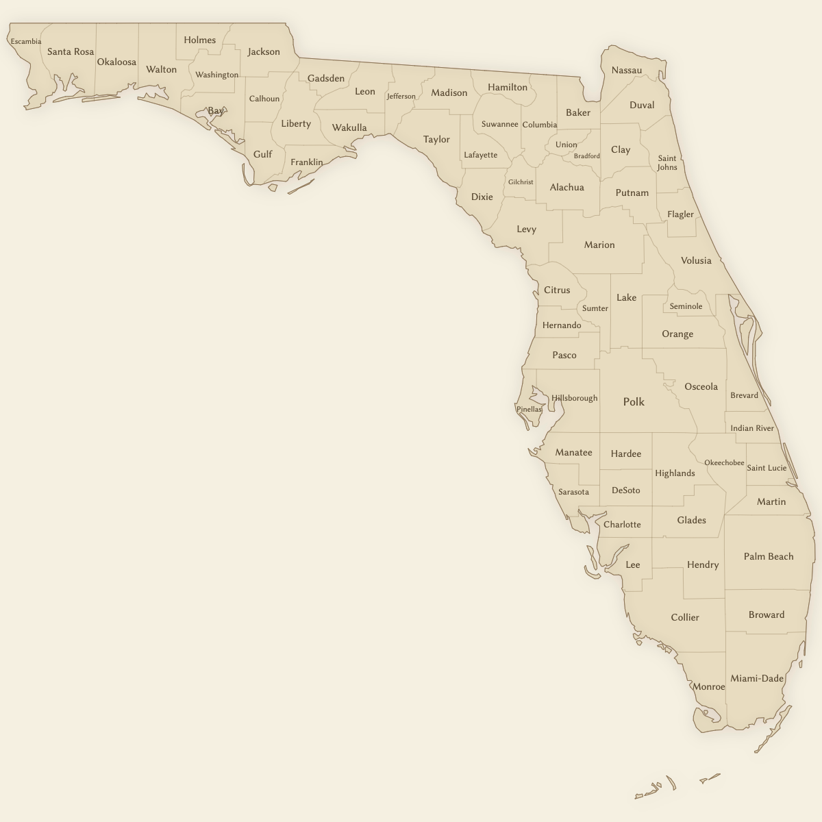 Styled Map of Florida Counties (Vintage Theme)
