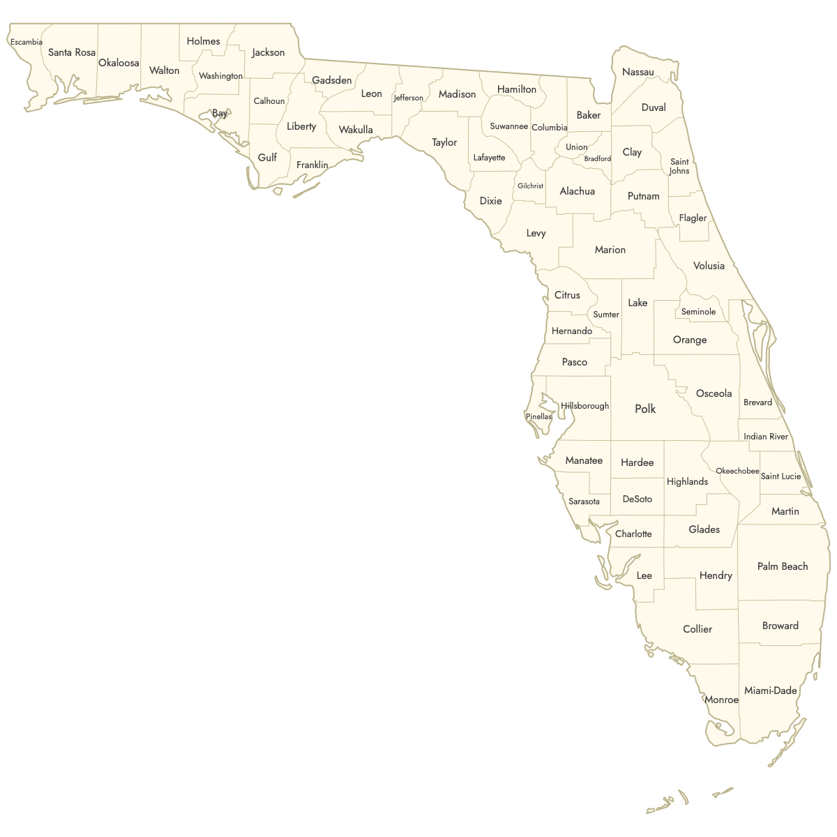 Unstyled Map of Florida Counties With Labels