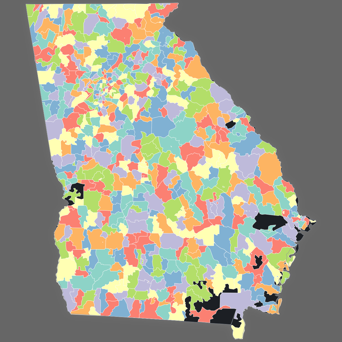 Dark themed map of Georgia with ZIP Codes