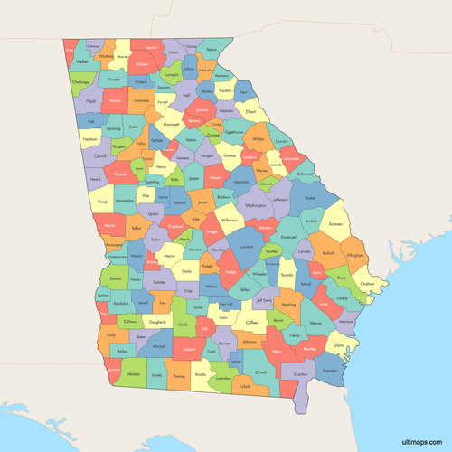 Preview of Colored Map of Georgia Counties with Surrounding Areas