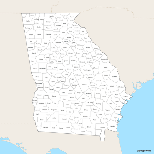 Preview of Labeled Map of Georgia Counties with Surrounding Areas