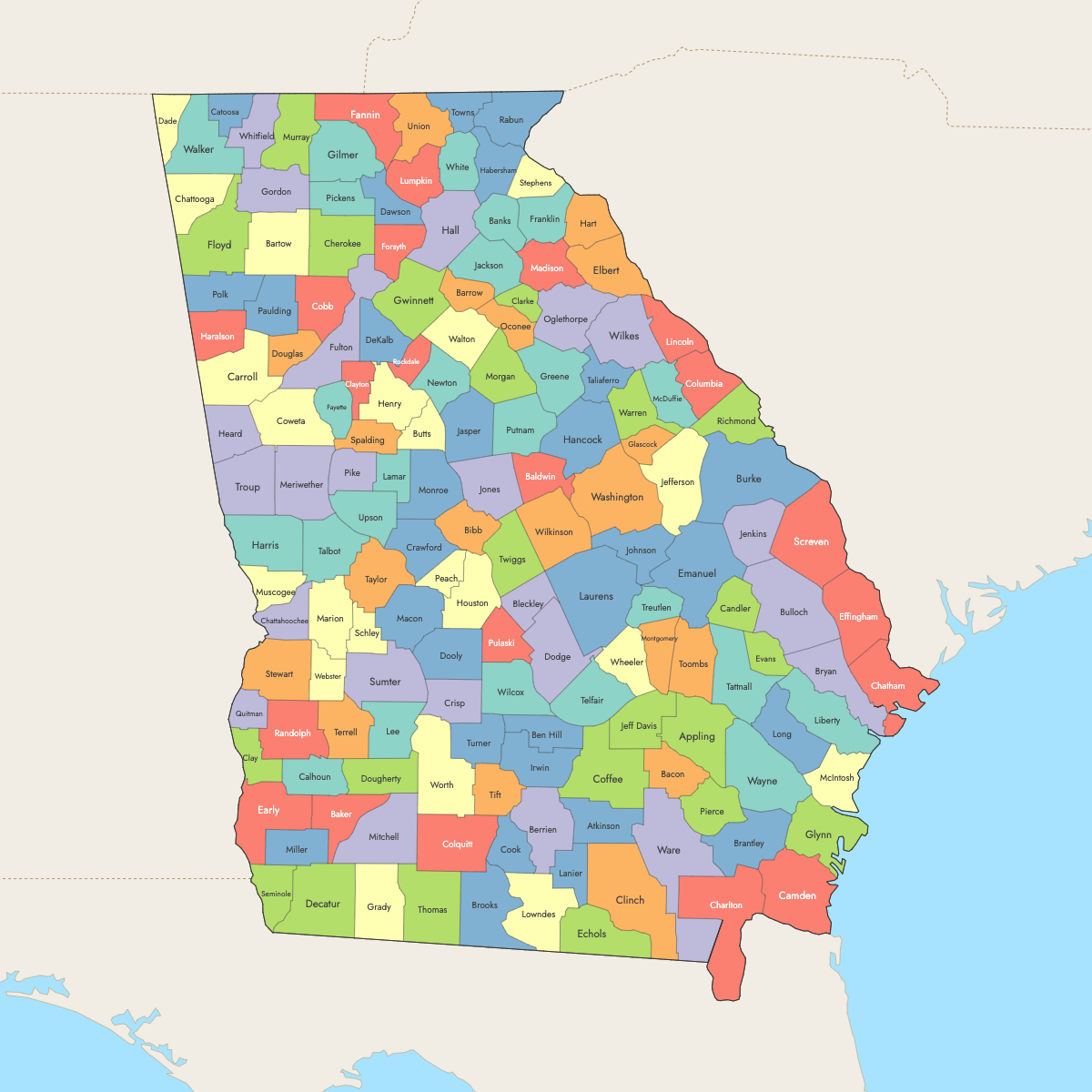 Map of Georgia Counties with surrounding areas