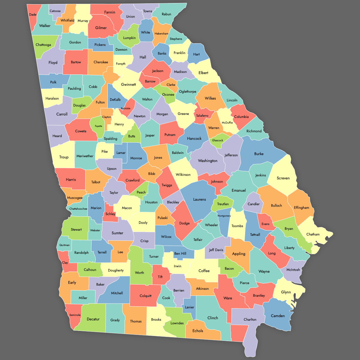 Custom Map of Georgia Counties with Labels (Dark Theme)