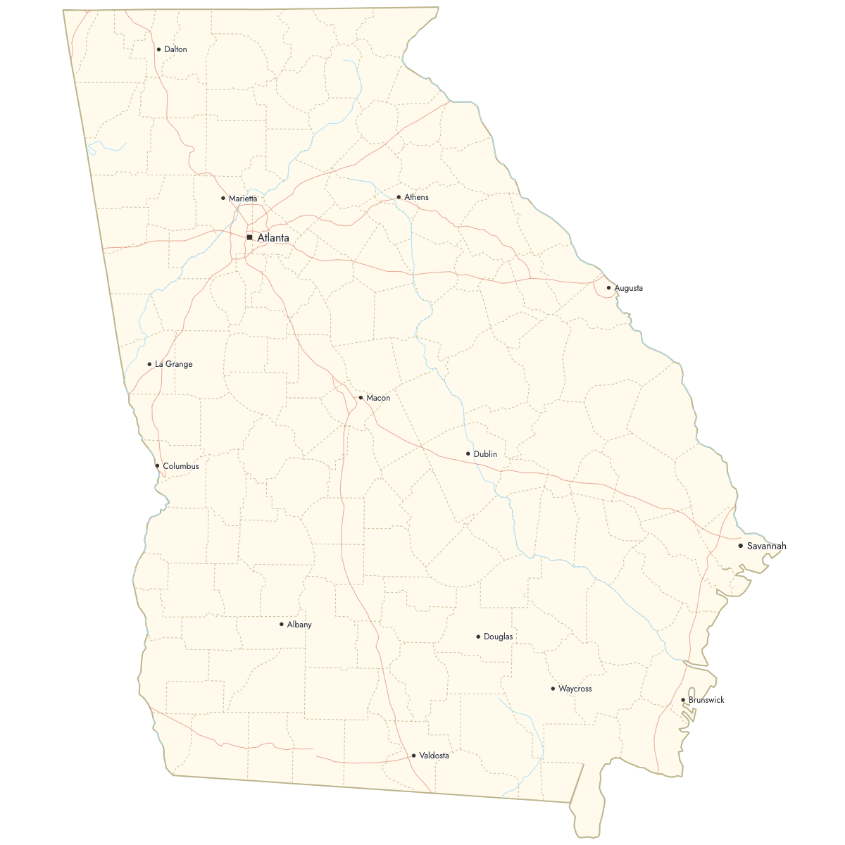 Custom Map of Georgia Counties with Cities
