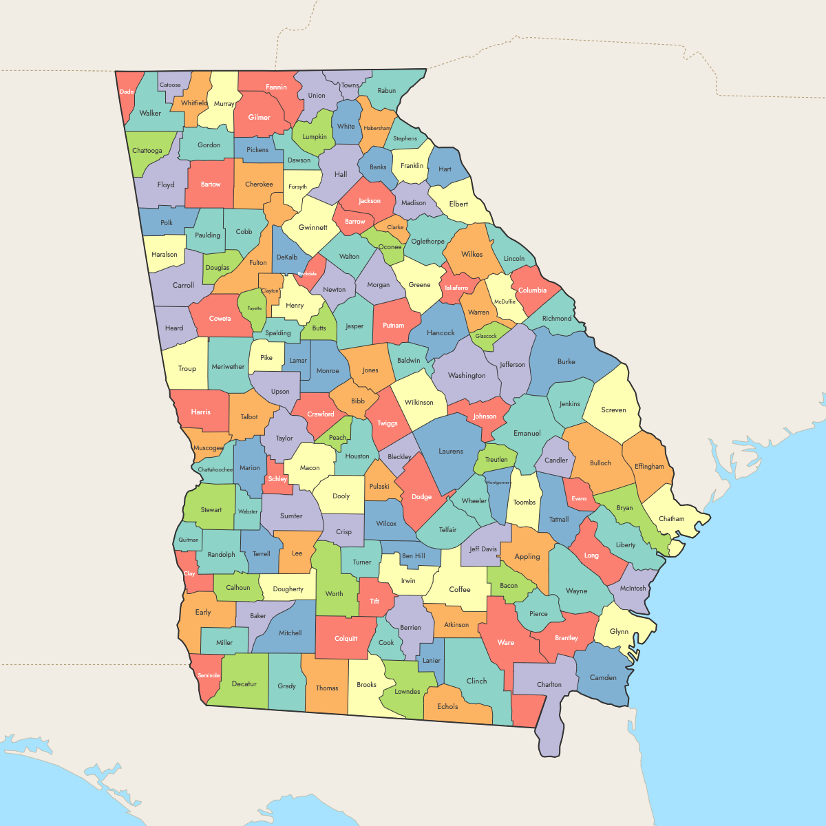 Custom Map of Georgia Counties with Surrounding Areas