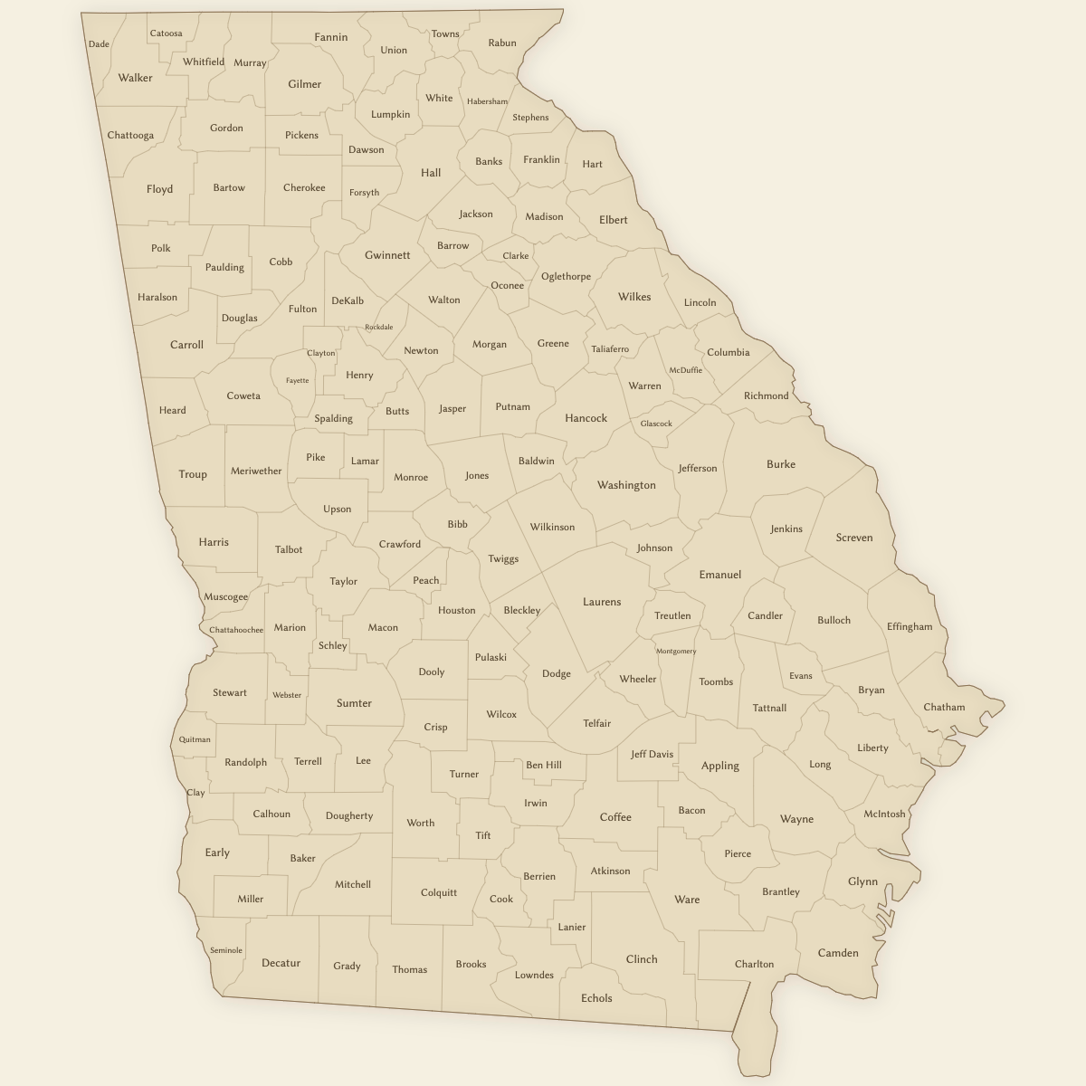 Styled Map of Georgia Counties (Vintage Theme)