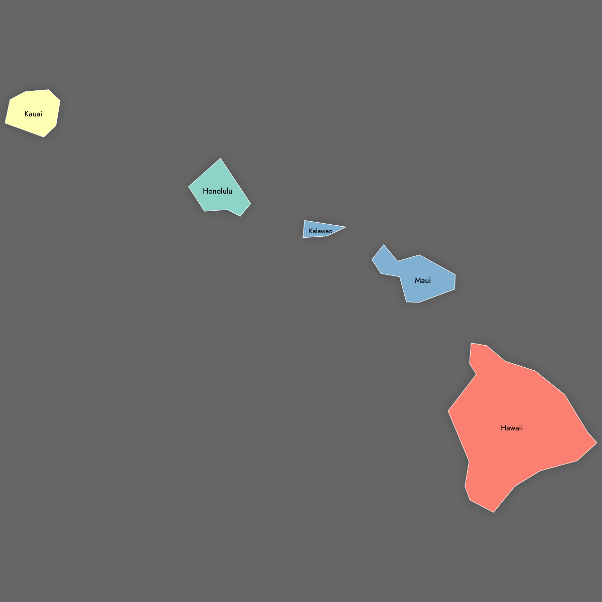 Custom Map of Hawaii Counties with Labels (Dark Theme)