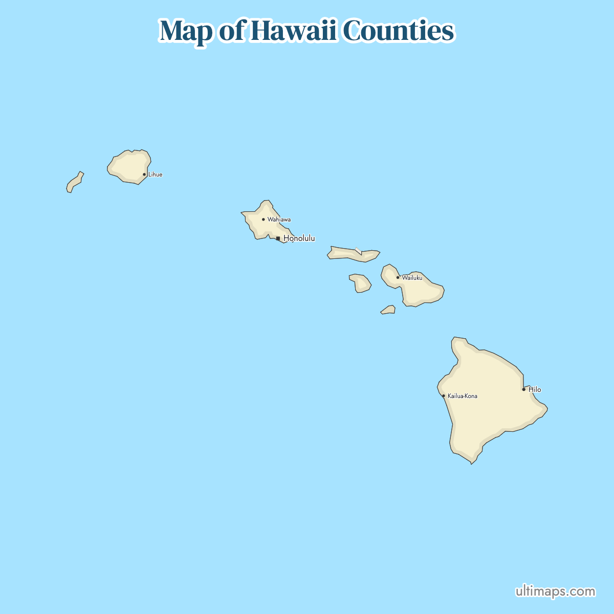 Map of Hawaii Counties showing county borders
