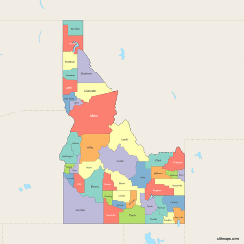 Preview of Colored Map of Idaho Counties with Surrounding Areas