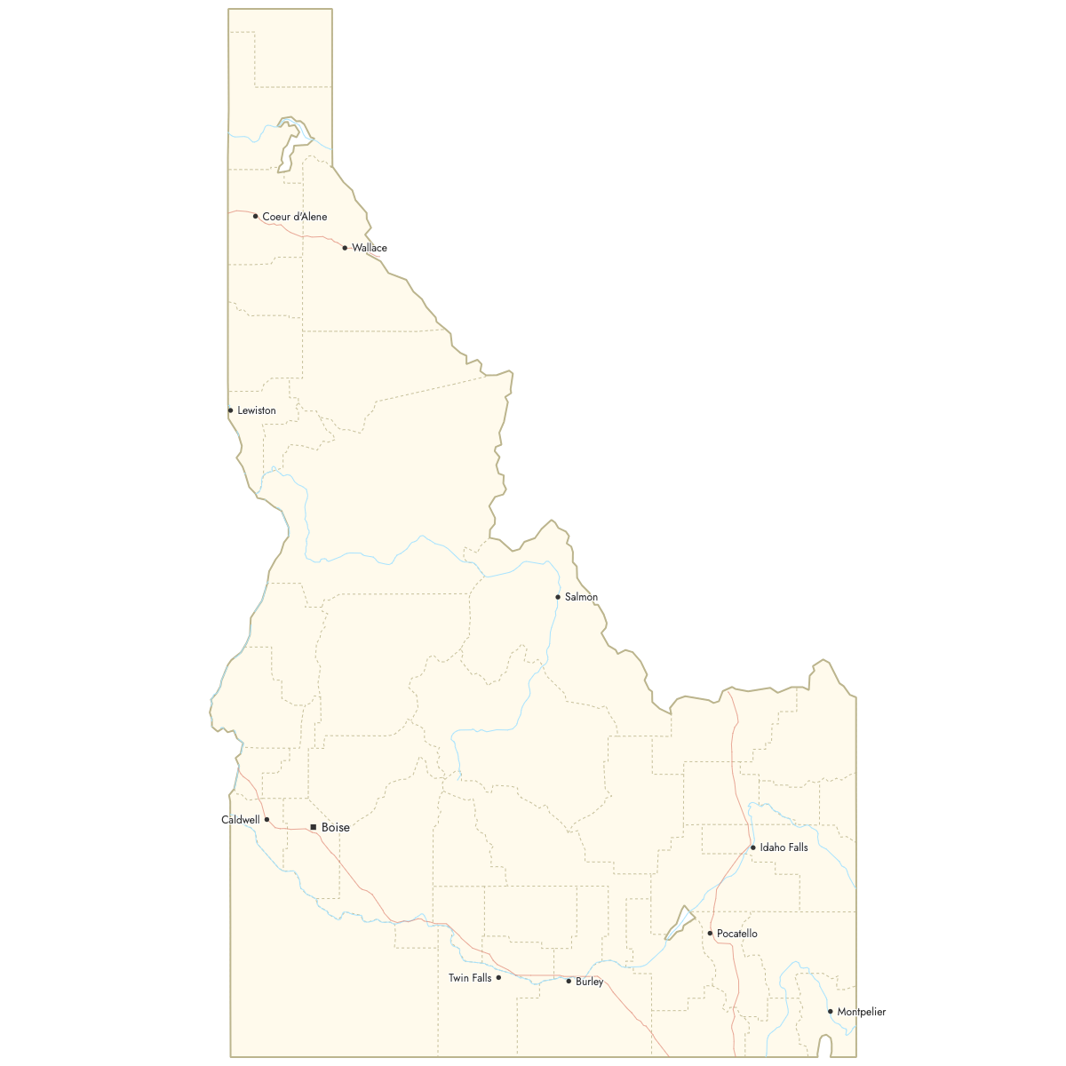 Custom Map of Idaho Counties with Cities