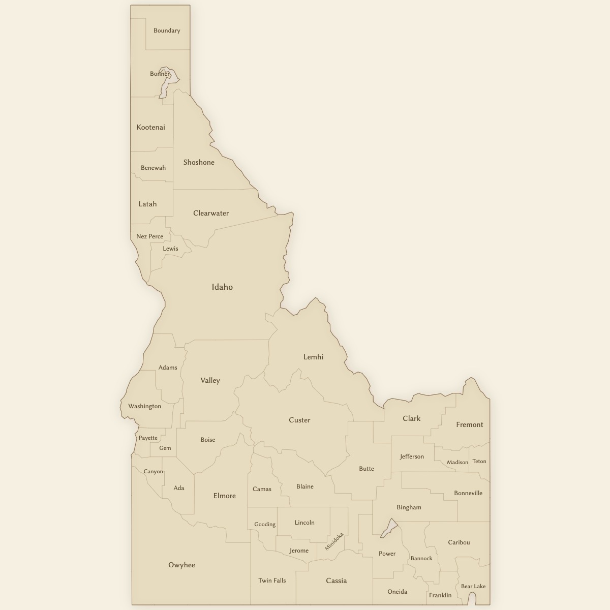 Styled Map of Idaho Counties (Vintage Theme)