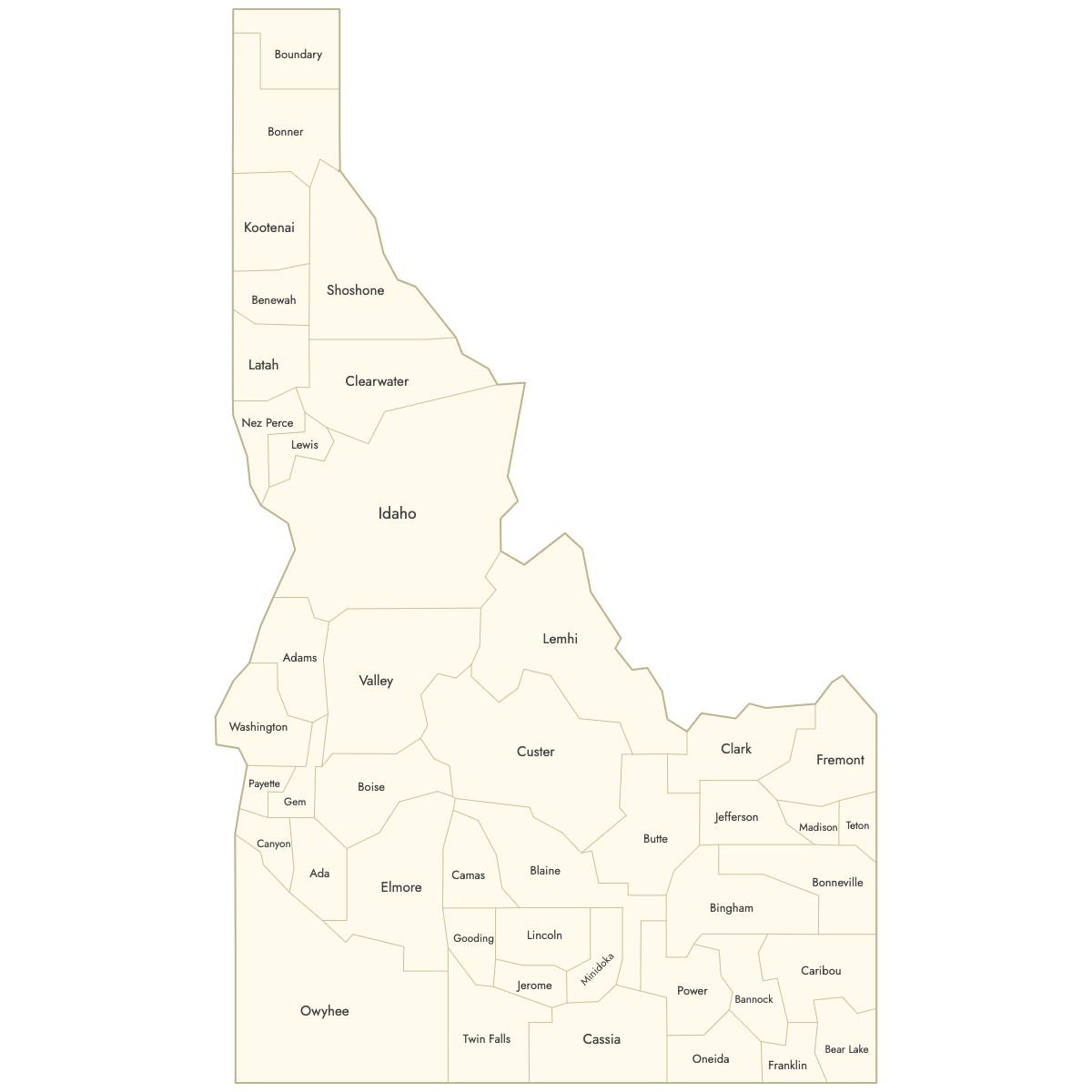 Unstyled Map of Idaho Counties With Labels