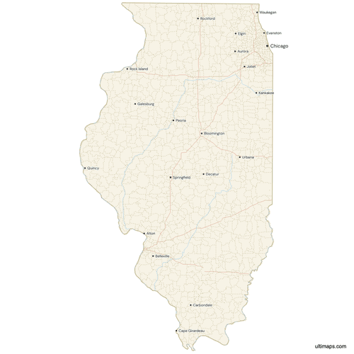 Preview of Map of Illinois with Cities and Roads