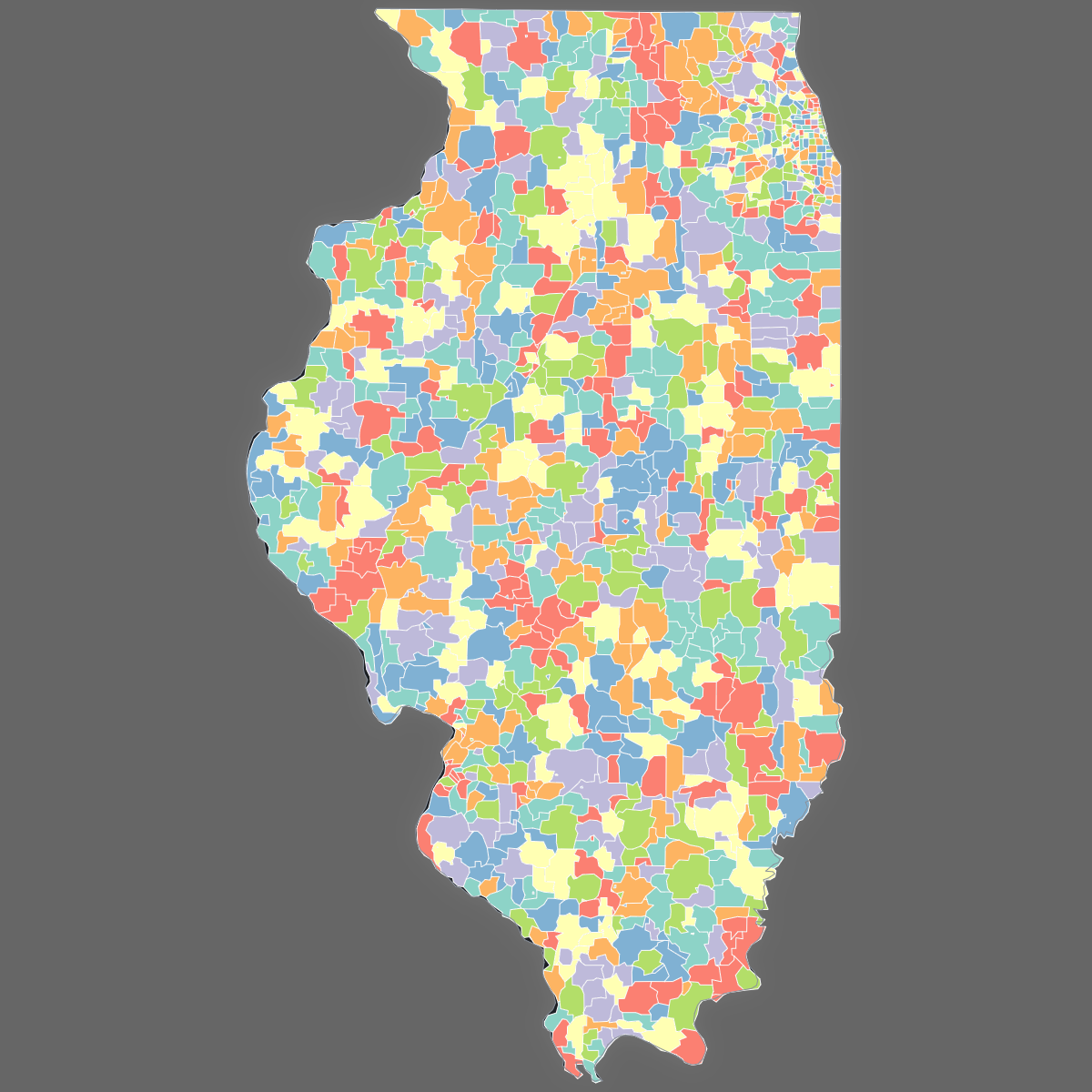 Dark themed map of Illinois with ZIP Codes