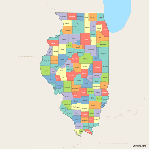 Preview of Colored Map of Illinois Counties with Surrounding Areas