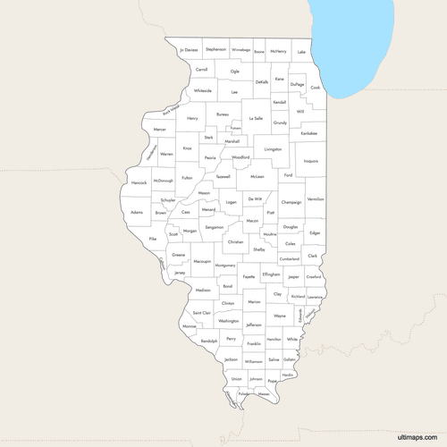 Preview of Labeled Map of Illinois Counties with Surrounding Areas