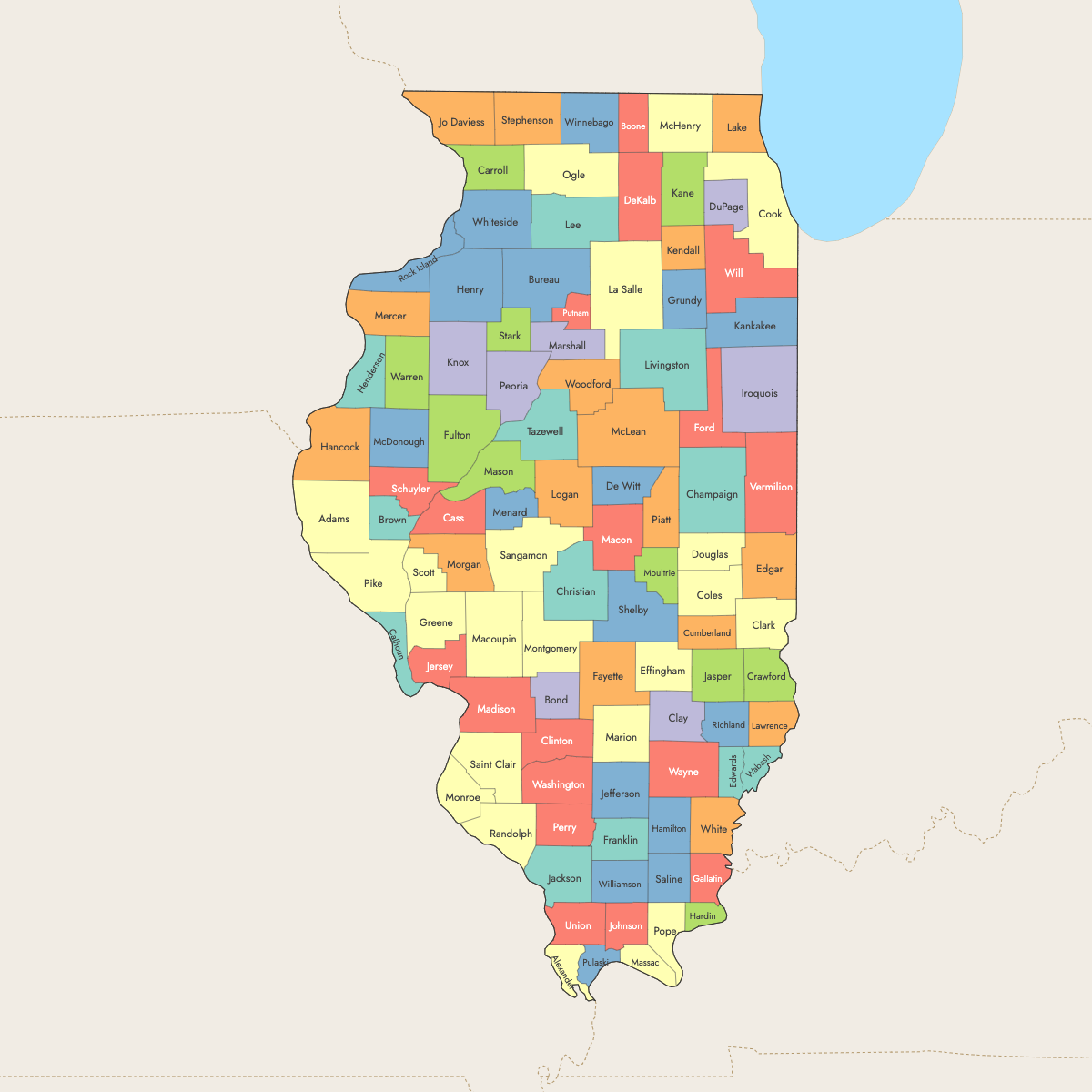 Map of Illinois Counties with surrounding areas