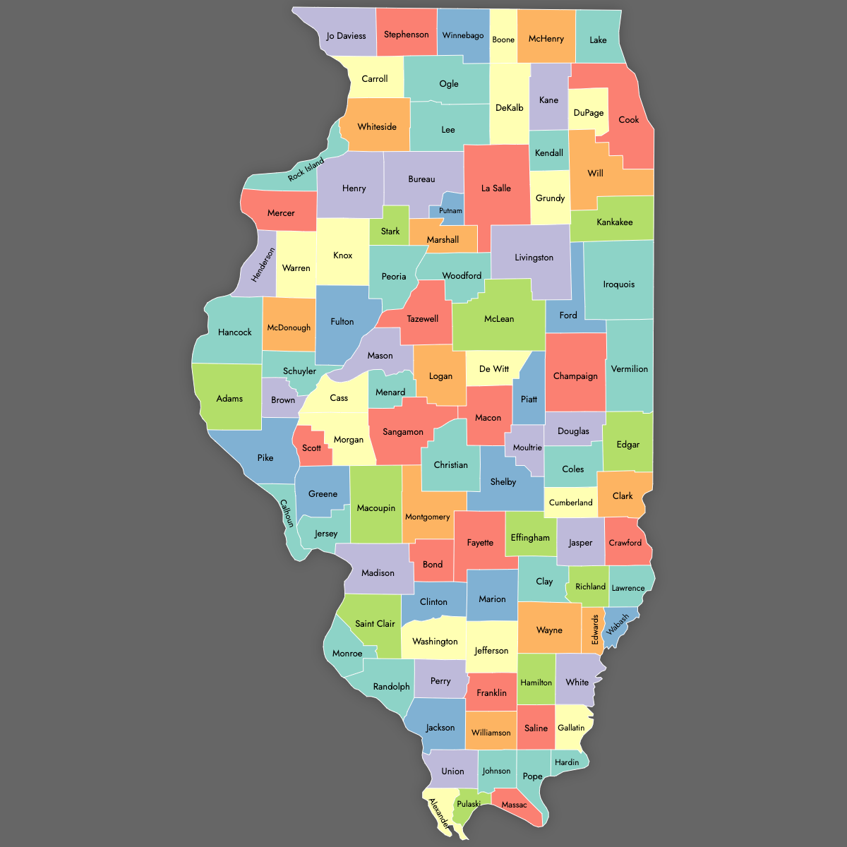 Custom Map of Illinois Counties with Labels (Dark Theme)