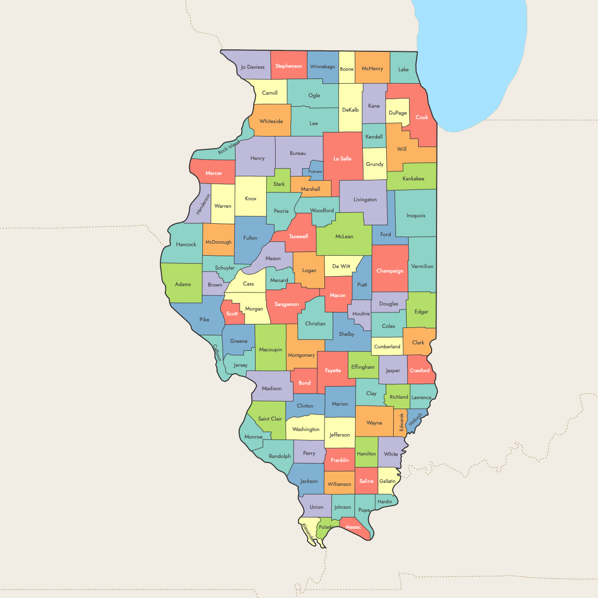 Custom Map of Illinois Counties with Surrounding Areas