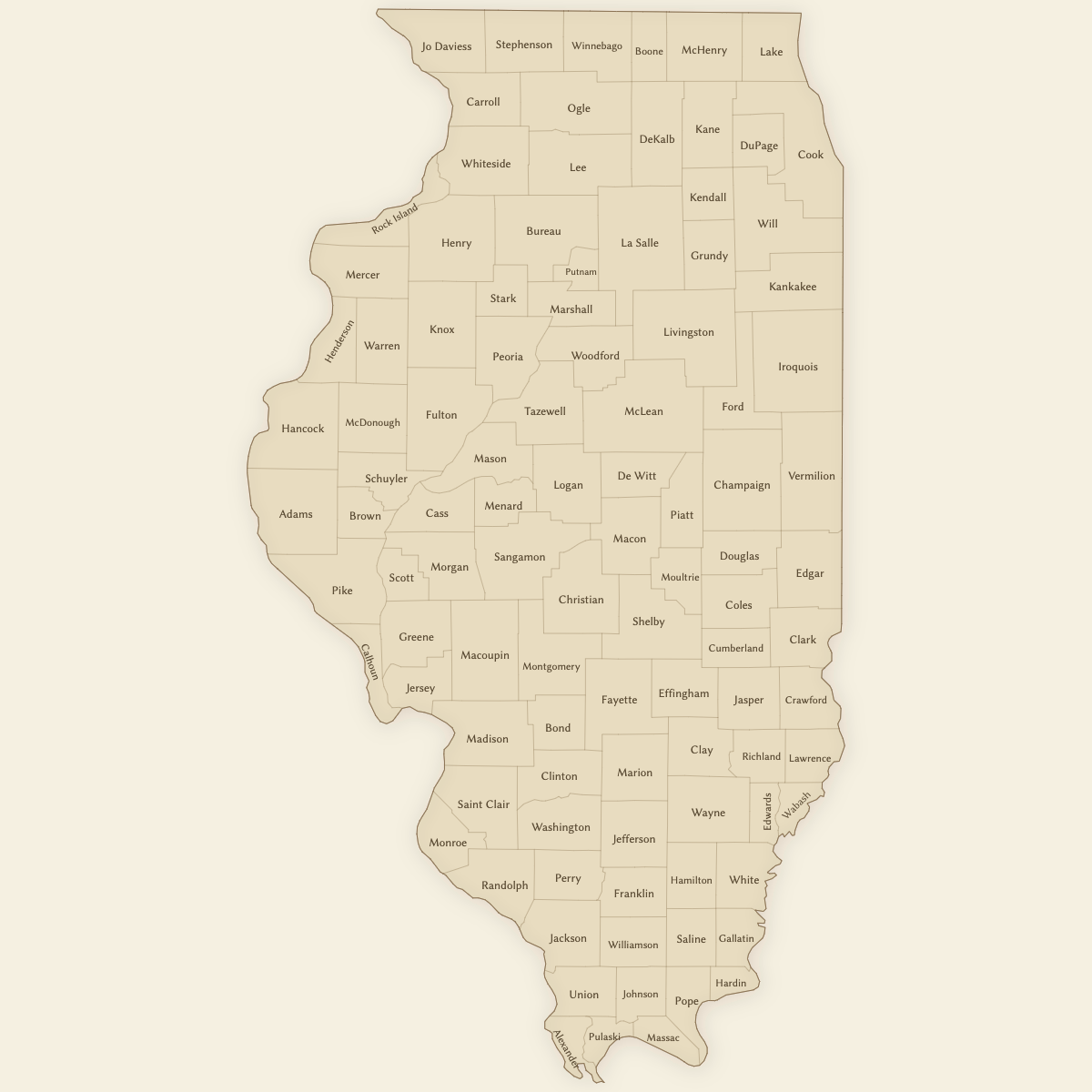 Styled Map of Illinois Counties (Vintage Theme)