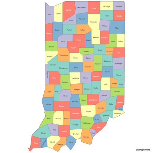 Preview of Labeled Map of Indiana Counties