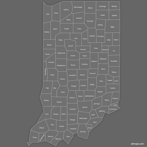 Preview of Labeled Map of Indiana Counties (Dark)